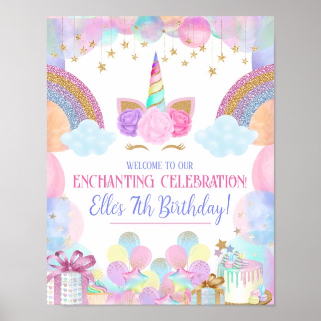 Pastel Rainbow Unicorn Geburtstagsparty Poster (Vorne)