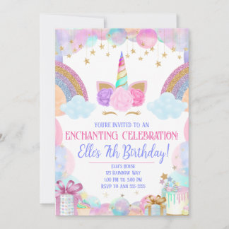 Pastel Rainbow Unicorn Girls Geburtstag Einladung