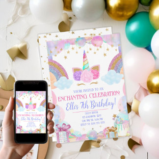 Pastel Rainbow Unicorn Girls Geburtstag Einladung