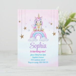 Pastel Rainbow Unicorn Glitzern 1. Geburtstag Einladung