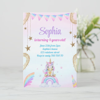 Pastel Rainbow Unicorn Glitzern zum Geburtstag Einladung