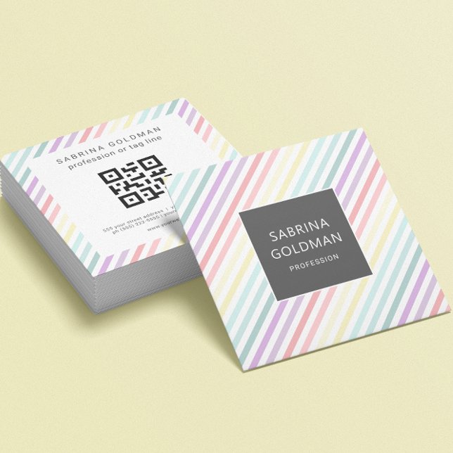 Pastel Rainbow Unicorn Green Stripes QR CODE Quadratische Visitenkarte (Von Creator hochgeladen)