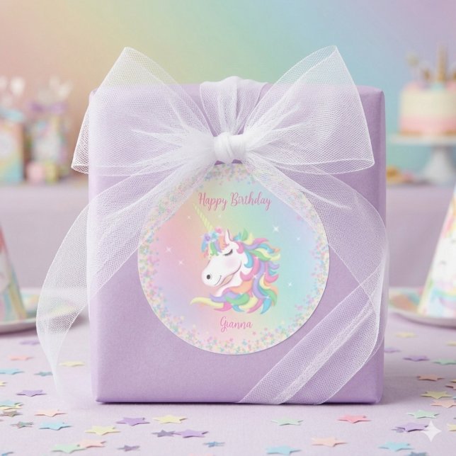 Pastel Rainbow Unicorn Happy Birthday Runder Aufkleber (Von Creator hochgeladen)