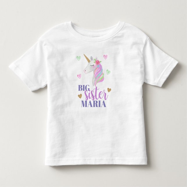 Pastel Rainbow Unicorn & Hearts Big Sister Kleinkind T-shirt (Vorderseite)