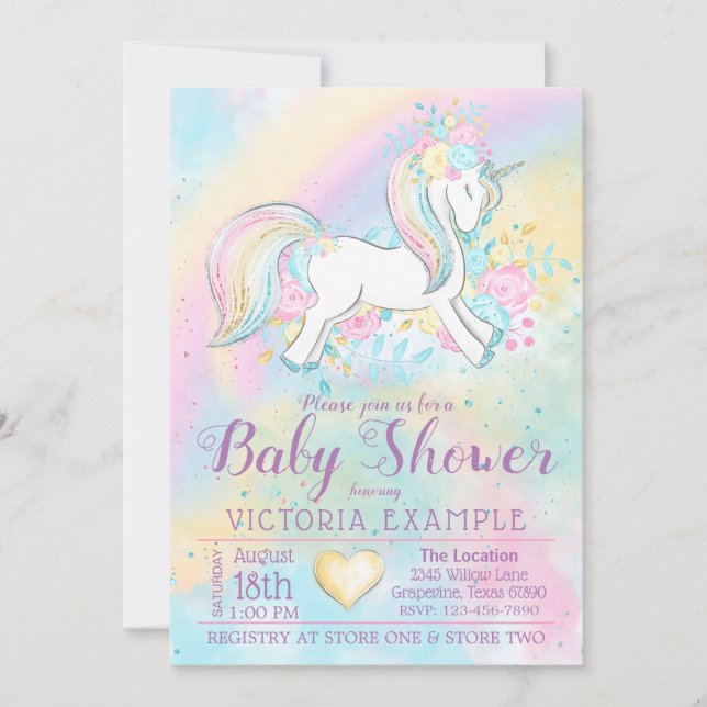 Pastel Rainbow Unicorn Kinderdusche Einladungen (Vorderseite)