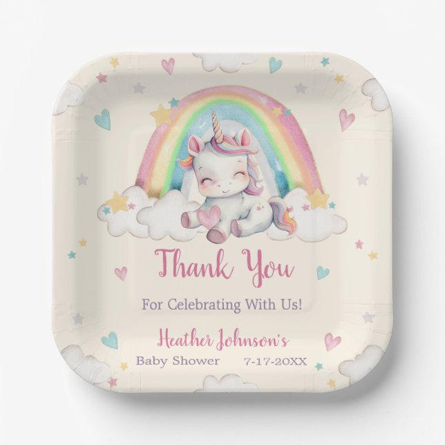 Pastel Rainbow Unicorn Kinderdusche Pappteller (Vorderseite)