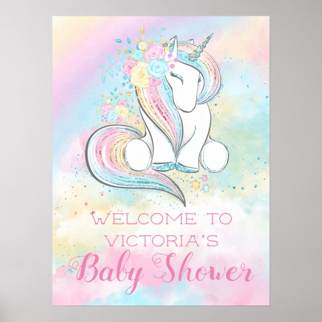 Pastel Rainbow Unicorn Kinderduschzeichen Poster (Vorne)