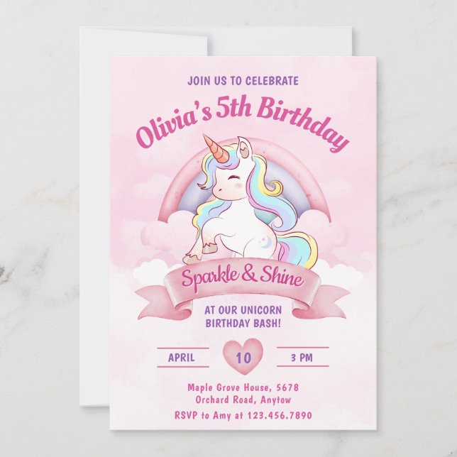 Pastel Rainbow Unicorn Magical Birthday Party Einladung (Vorderseite)