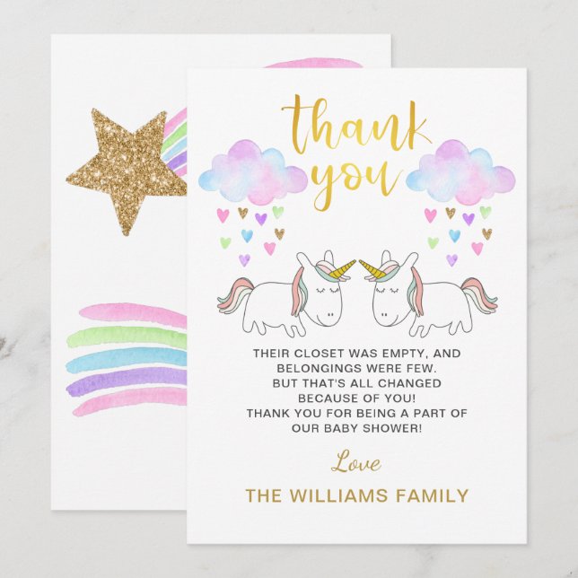 Pastel Rainbow Unicorn Twin Baby Dusche Dankeskarte (Vorne/Hinten)
