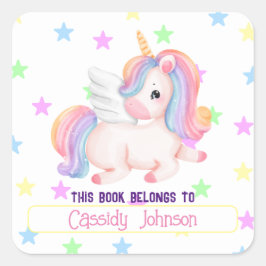 Pastel rainbow unicorname Buchzeichen Quadratischer Aufkleber