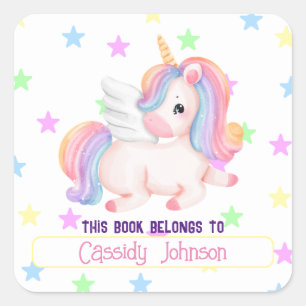 Pastel rainbow unicorname Buchzeichen Quadratischer Aufkleber