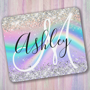 Pastel Rainbow Wave Ombre Silver Glitzer Monogram Mousepad
