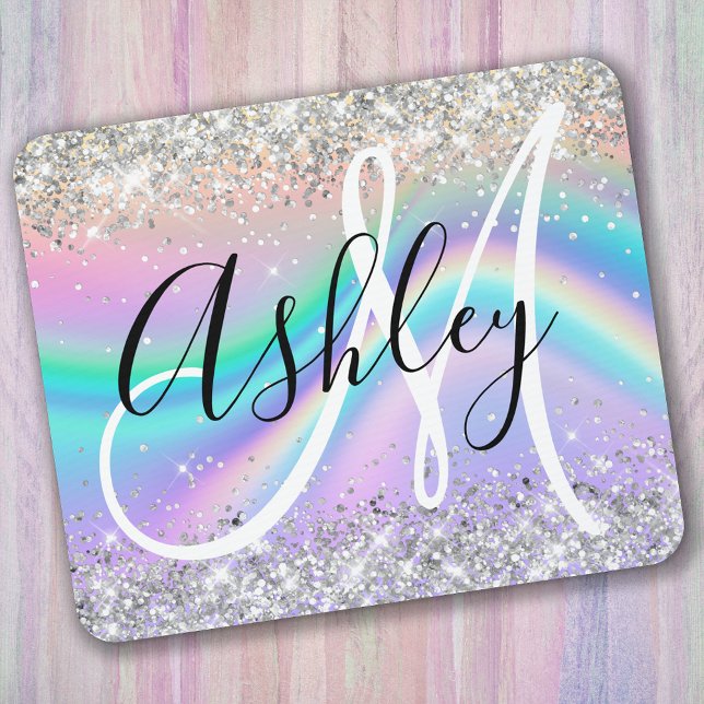 Pastel Rainbow Wave Ombre Silver Glitzer Monogram Mousepad (Von Creator hochgeladen)