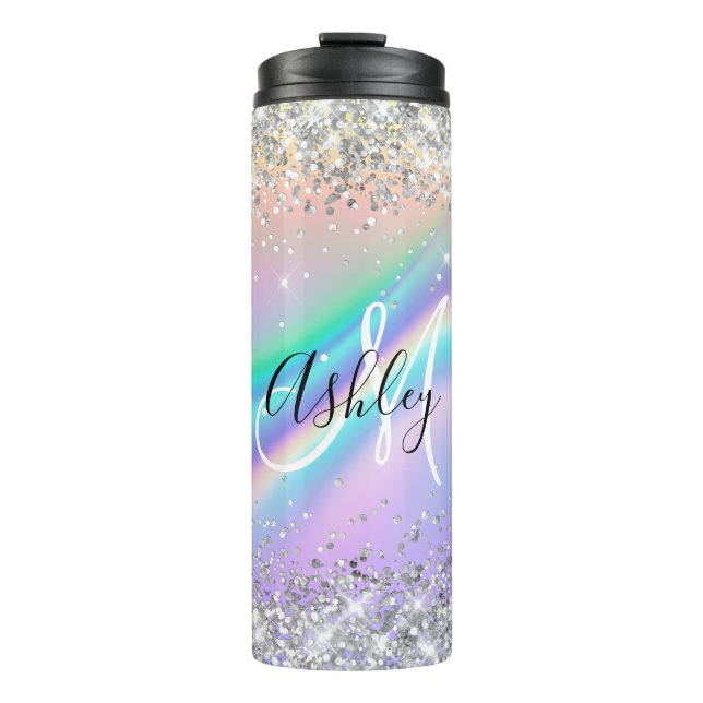 Pastel Rainbow Wave Ombre Silver Glitzer Monogram Thermosbecher (Vorderseite)
