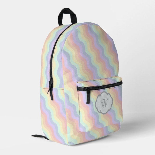Pastel Rainbow Waves Bedruckter Rucksack (Rückseitige Ecke links)