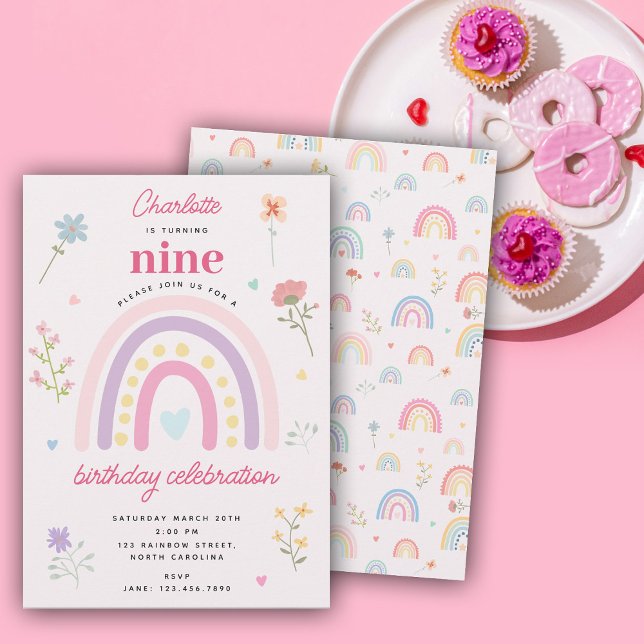 Pastel Rainbows Girl Wildblumen zum Geburtstag Einladung (Pastel Rainbows Girl Wildflowers Hearts Birthday Invitation)