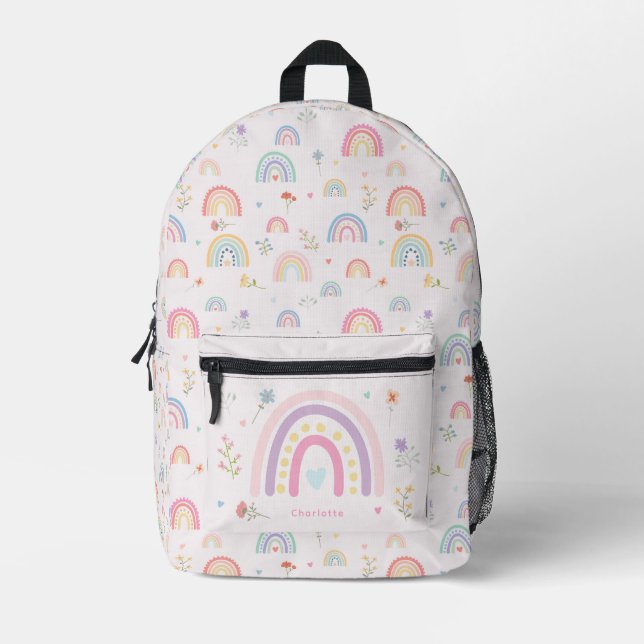 Pastel Rainbows Girly Wildblumen & Hearts School Bedruckter Rucksack (Vorderseite)