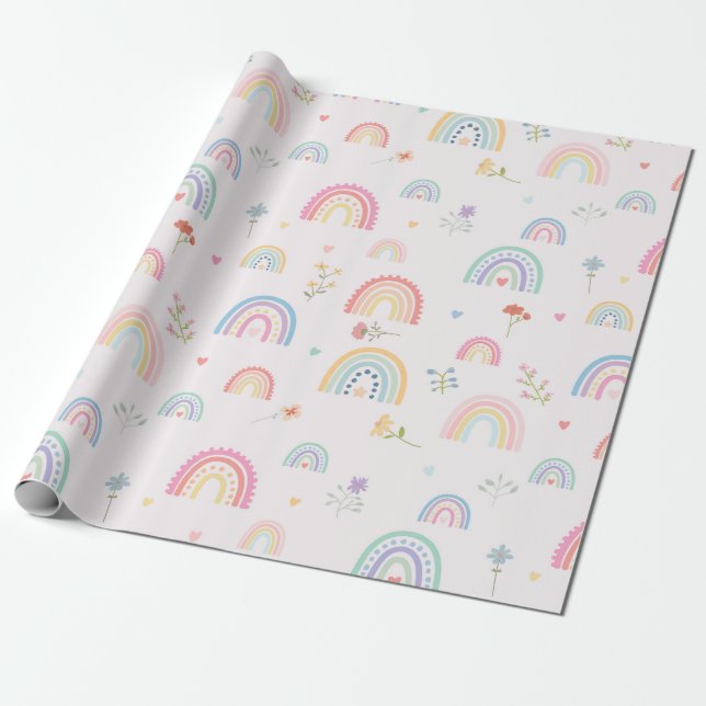 Pastel Rainbows Girly Wildblumen & Herz Geschenkpapier (Ungerollt)