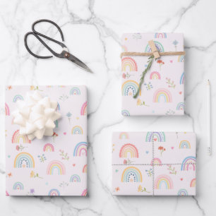 Pastel Rainbows Girly Wildblumen & Herz Geschenkpapier Set