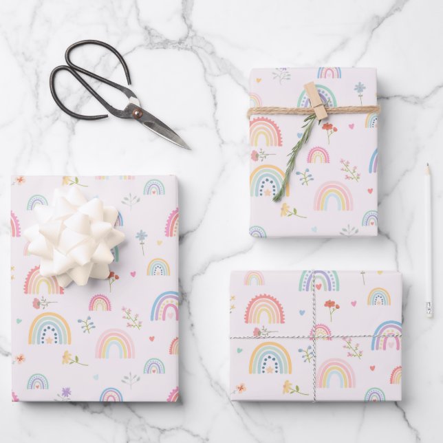 Pastel Rainbows Girly Wildblumen & Herz Geschenkpapier Set (Vorderseite)
