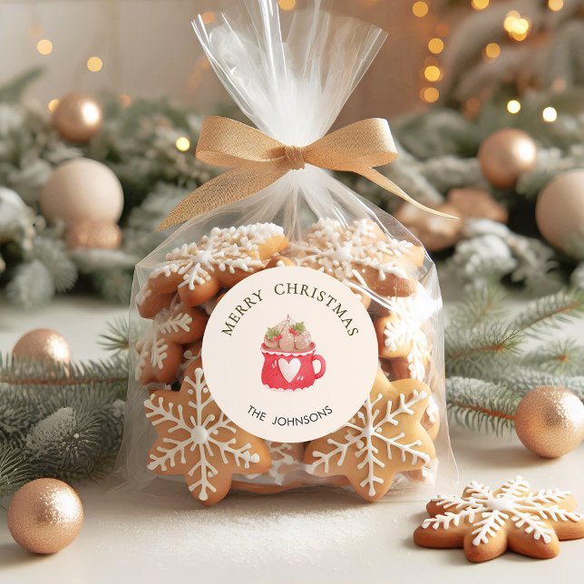 Pastel Red Cocoa Tasse Frohe Weihnachten Runder Aufkleber (Von Creator hochgeladen)
