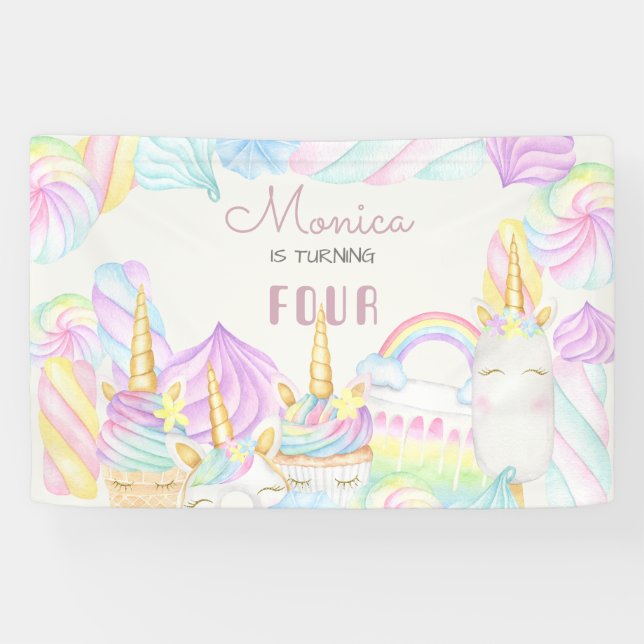 Pastel Regenbogen Aquarell Einhorn Geburtstag süß Banner (Horizontal)