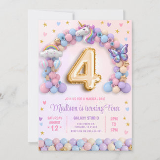 Pastel-Regenbogen-Einhorn 4. Geburtstag Einladung