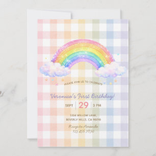 Pastel-Regenbogen-Gingham-Einladung zum ersten Geb Einladung
