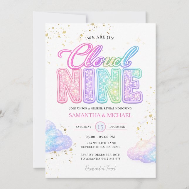 Pastel-Regenbogen-Glitter-Buchstaben-Geschlechtsen Einladung (Vorderseite)