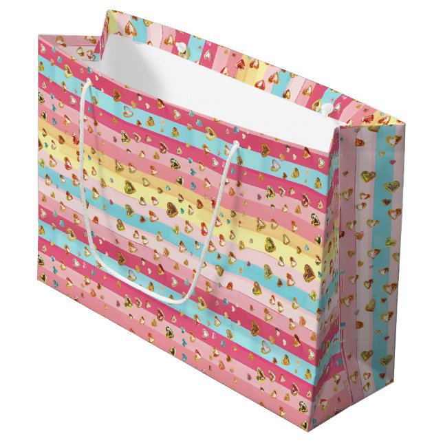 Pastel Regenbogen & Herzen Große Geschenktasche Geschenktüte (Vorderseite Schrägansicht)