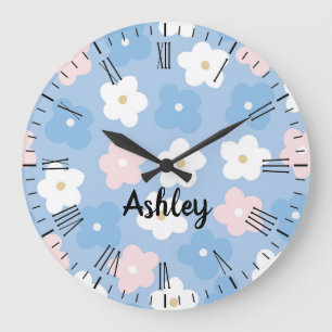 Pastel Retro Blume auf blau Große Wanduhr