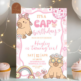 Pastel Retro Capybara Girl Birthday party Einladung