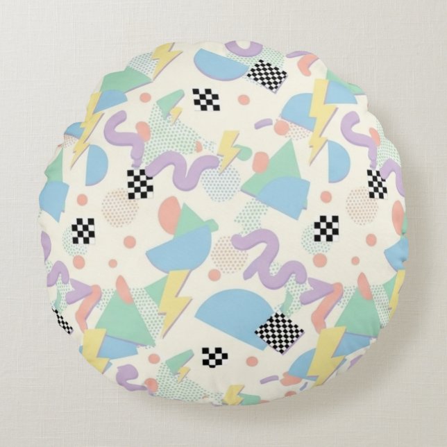 Pastel Retro Memphis Pattern Swirls Rundes Kissen (Vorderseite)