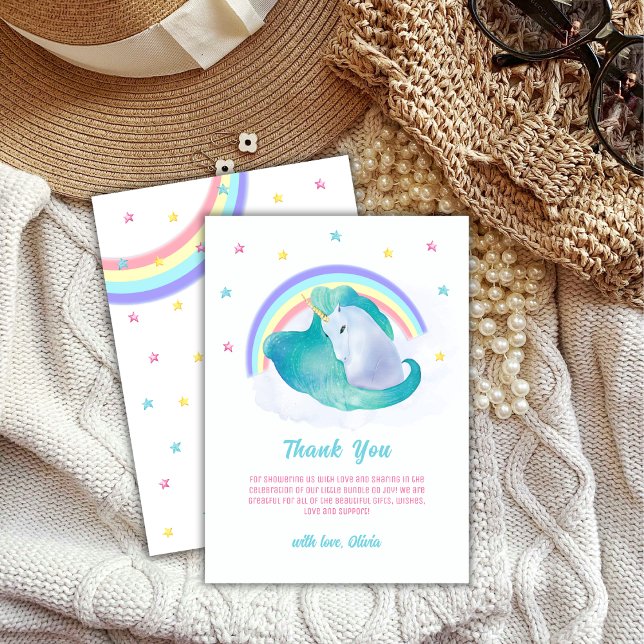 Pastel Retro Star Unicorn Rainbow Baby Dusche Dankeskarte (Pastel Retro Star Unicorn Rainbow Baby Shower Thank You Card)