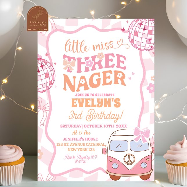 Pastel Retro Van Groovy Little Miss Threenager Einladung (Von Creator hochgeladen)