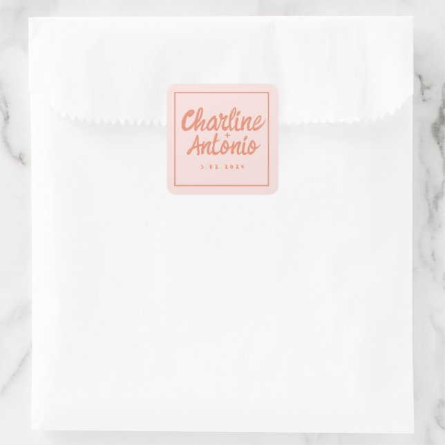 Pastel Rosa Handwriting Retro Wedding Quadratischer Aufkleber (Tasche)