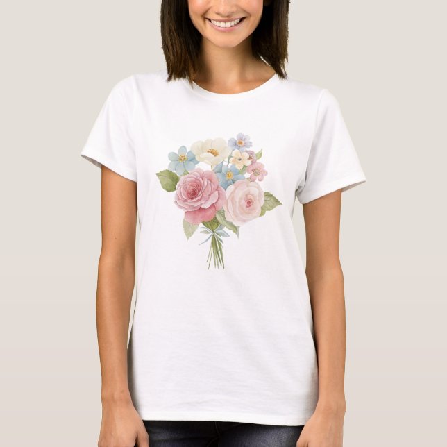 Pastel Rose and Wildflower Watercolor Bouquet T-Shirt (Vorderseite)