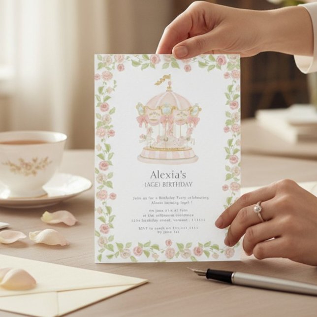Pastel Rose Garden Carousel Birthday Party Einladung (Von Creator hochgeladen)