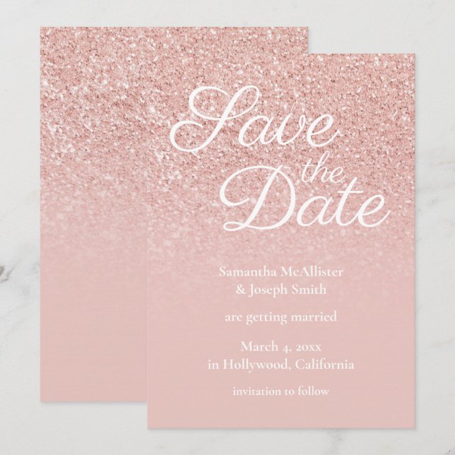 Pastel Rose Gold Blush Ombre Glitzer Save the Date Einladung (Vorne/Hinten)