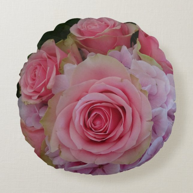 Pastel-Rose und Hydrangea-Blume Rundkissen Rundes Kissen (Vorderseite)