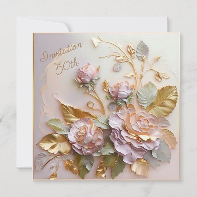 Pastel Rosegold Skulpturierte Rose 50. Save The Date (Vorderseite)