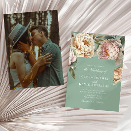 Pastel Sage & Blush Peony Couple Foto Wedding Einladung