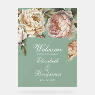 Pastel Sage Green Blush Pink Peony Wedding Willkom Acrylschild
