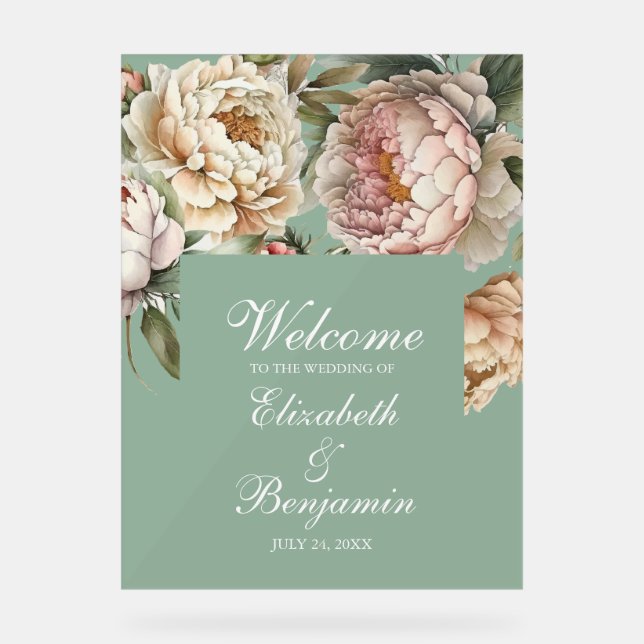 Pastel Sage Green Blush Pink Peony Wedding Willkom Acrylschild (Vorderseite)