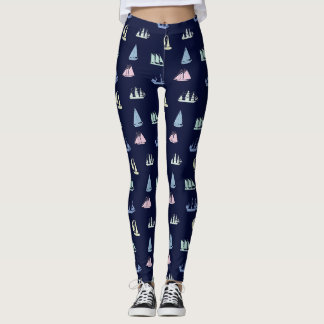 Pastel Sailboat Pattern in Midnight Blue Leggings
