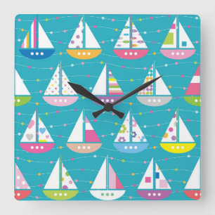 Pastel Sailboat Pattern Quadratische Wanduhr