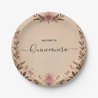 Pastel Schriftart Dusty Glam Rose Gold Quinceanera Pappteller