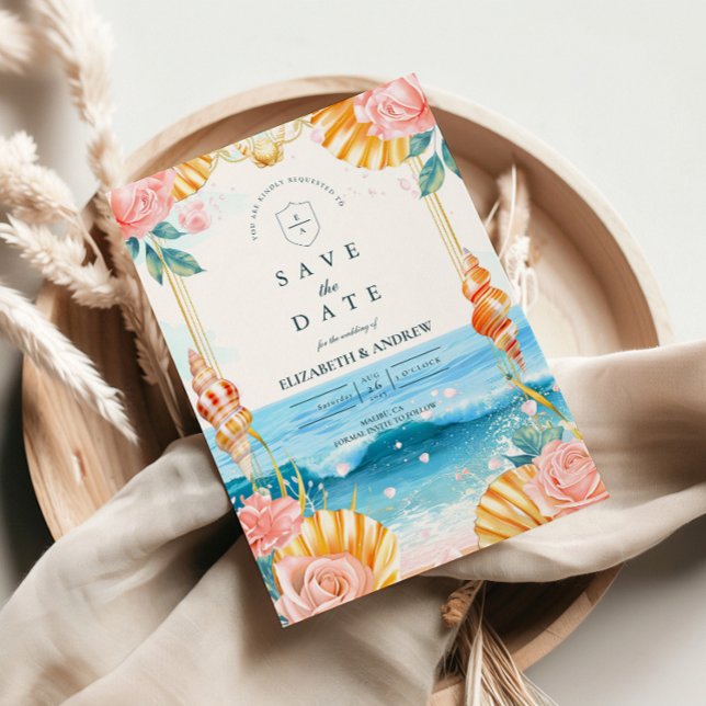 Pastel Seashell Coastal Waters Wedding Save The Date (Von Creator hochgeladen)