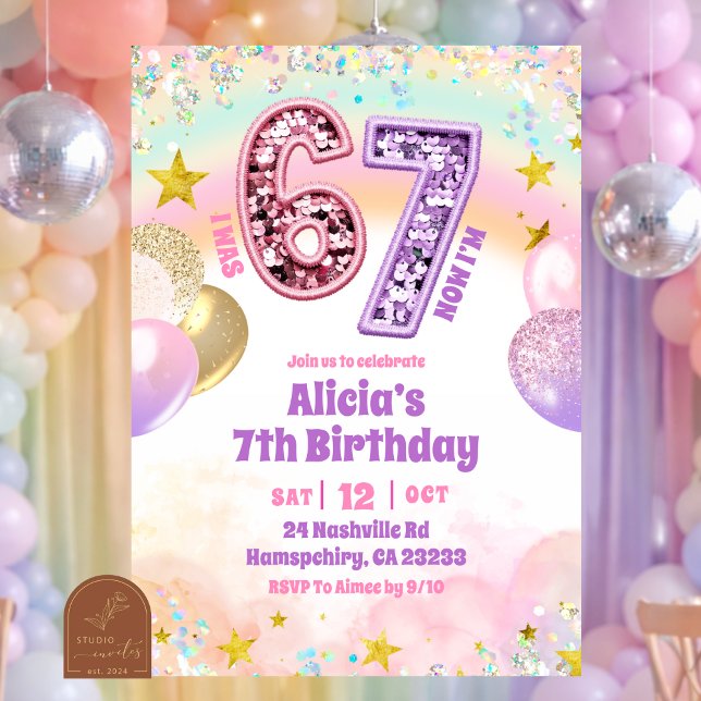 Pastel-Sequenzer-Glitter 67 Mädchen-Geburtstag Einladung (Von Creator hochgeladen)