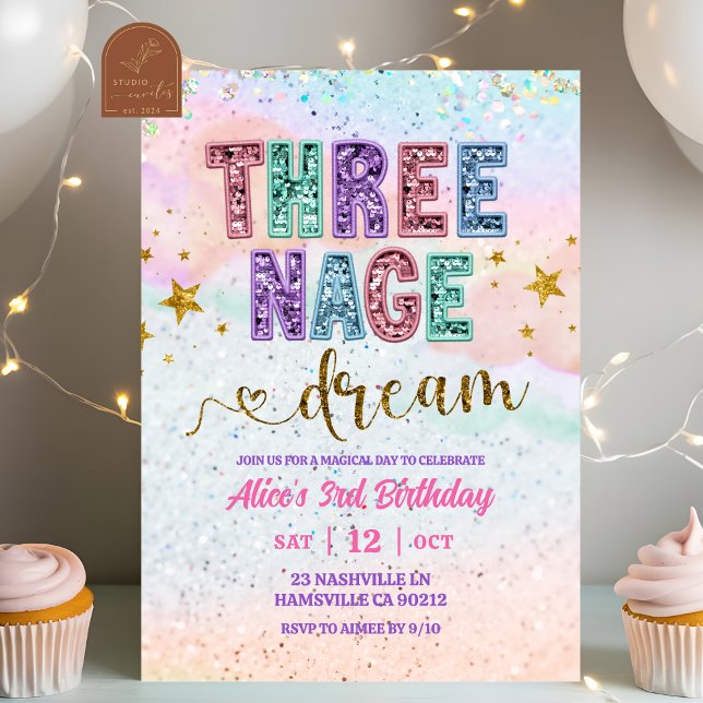 Pastel-Sequenzer-Glitter-Dreijährige-Traum-Geburts Einladung (Von Creator hochgeladen)